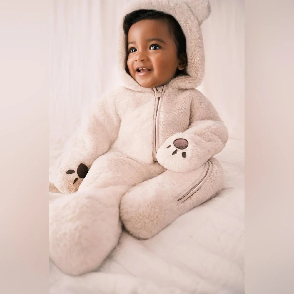 Newborn Ivory Faux Fur Hooded Bear Snowsuit NEW